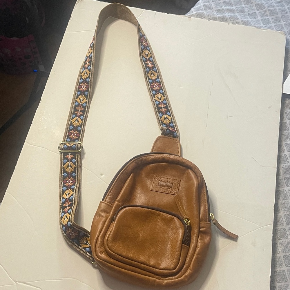 Compact Tan Leather Crossbody Belt Bag with Embroidered Strap